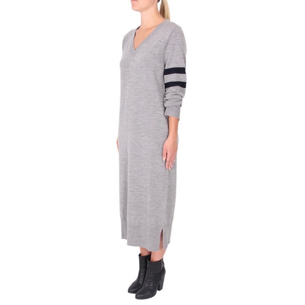 T by Alexander Wang Sweater Dress Medium Gray Merino Wool Stripe V-Neck